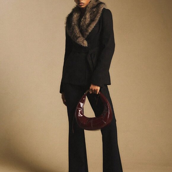 Black Elegant Women's Tie-Front Coat with Faux Collar - Picture 6 of 9